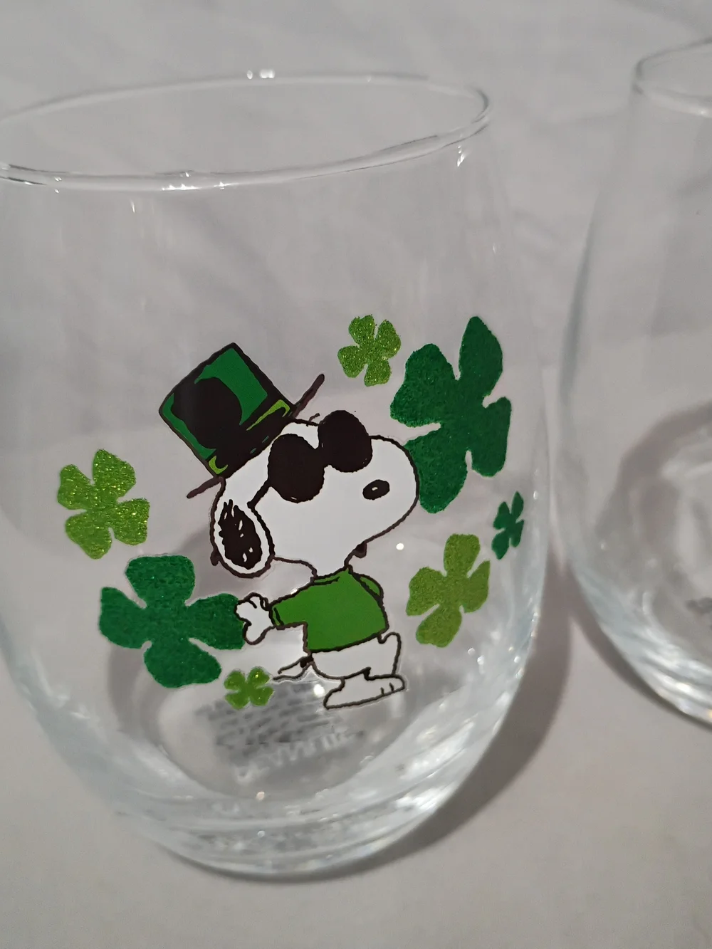 Peanuts Set Of 2 Stemless Wine Glasses. St Patrick's Day/Irish Theme